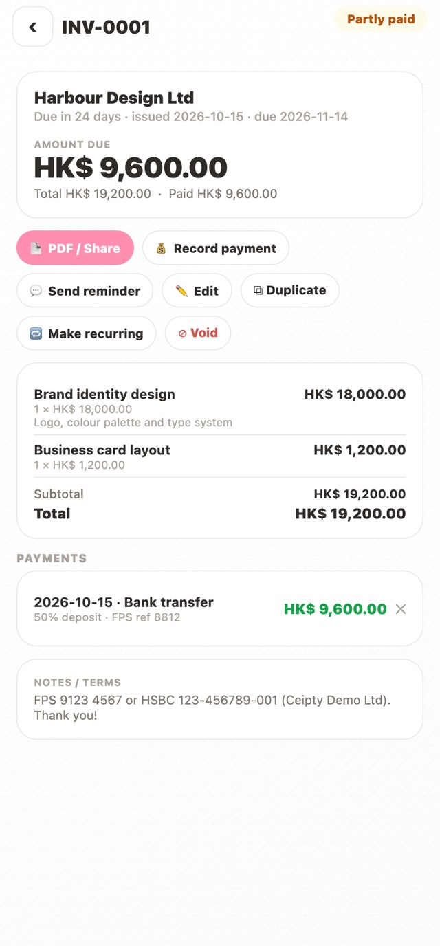 A single invoice with amount due, line items and payments