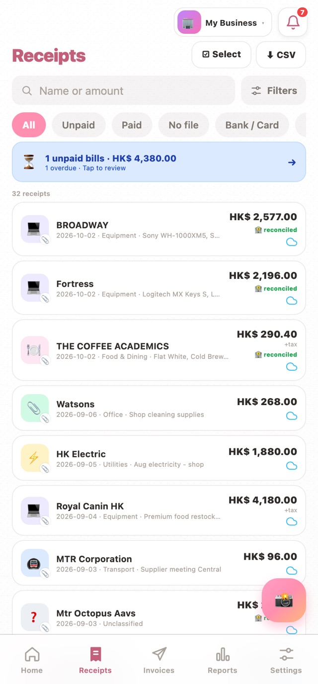 Receipt list with search, Filters button and status chips