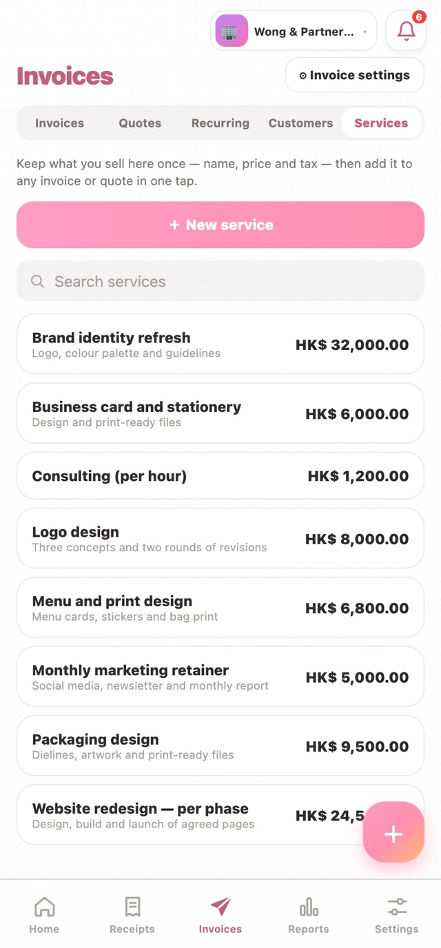 Services list with prices
